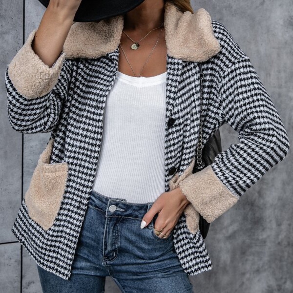 Houndstooth Vegan Shearling Button Up Oversized Jacket Coat - Picture 1 of 5